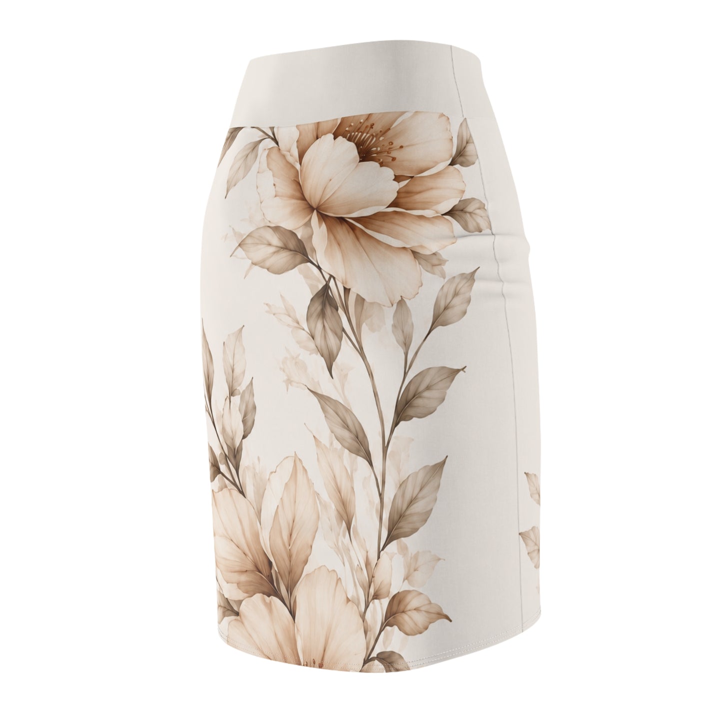 Floral Watercolor Pencil Skirt — Neutral Beige Blossom Print