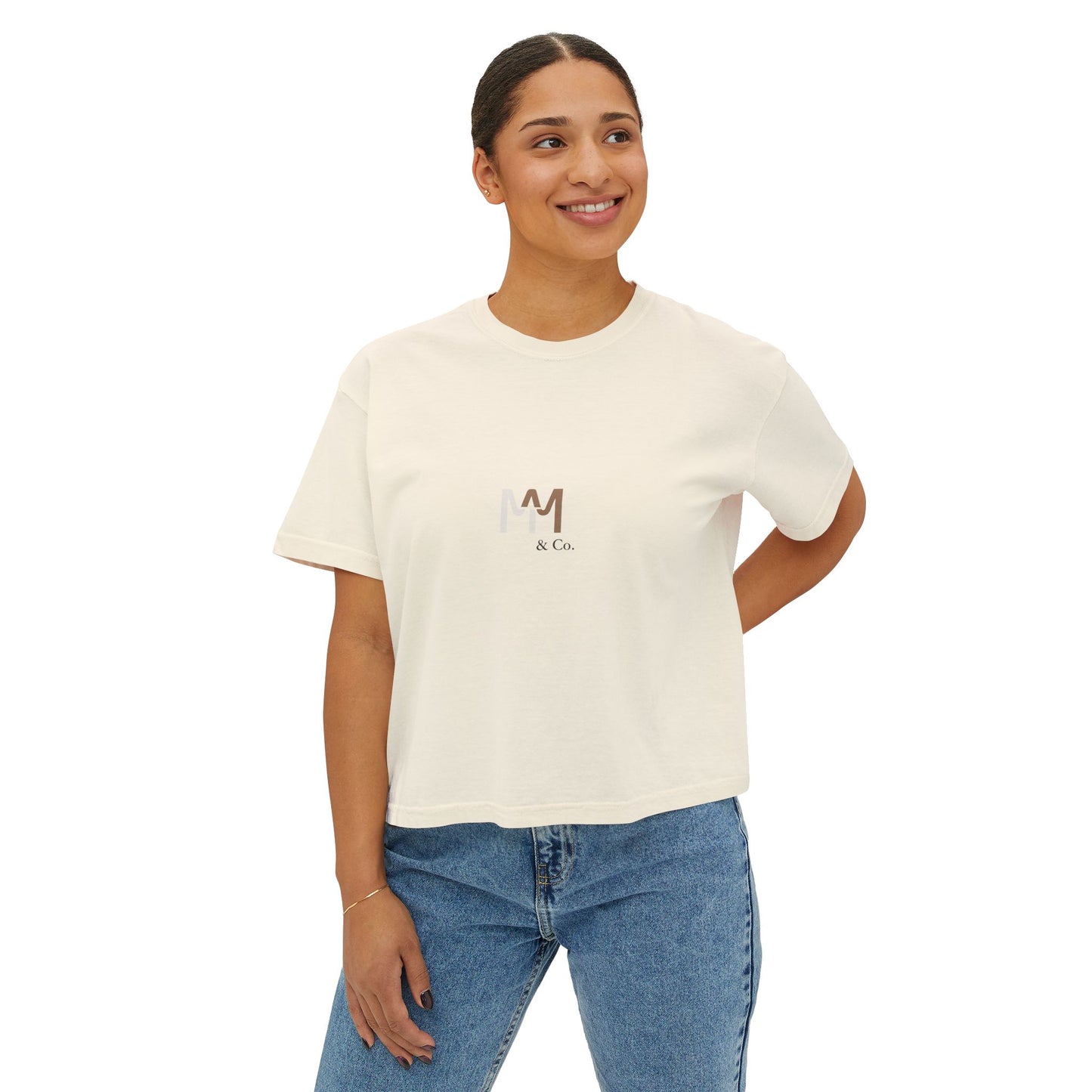 Minimalist 'M & Co.' Women's Boxy Tee — Neutral Casual Logo Tee