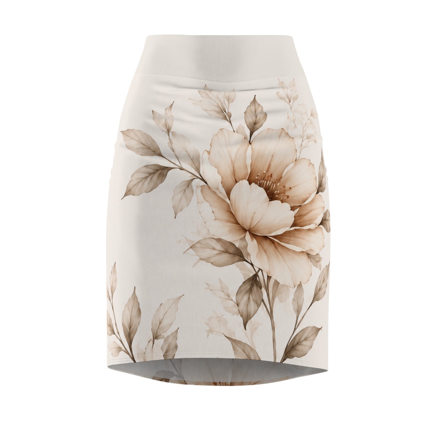 Floral Watercolor Pencil Skirt — Neutral Beige Blossom Print