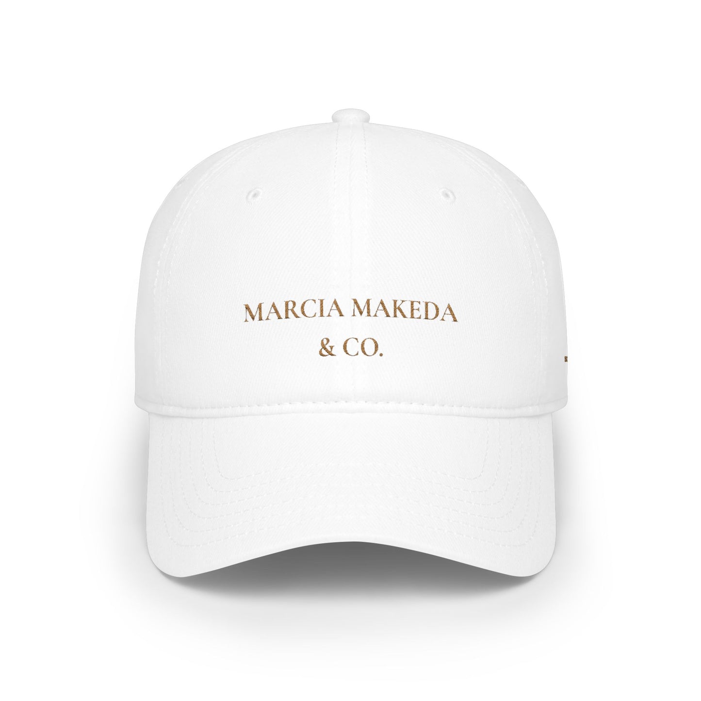 Minimalist White Low Profile Baseball Cap — "MARCIA MAKEDA & CO." Embroidered