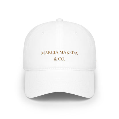 Minimalist White Low Profile Baseball Cap — "MARCIA MAKEDA & CO." Embroidered
