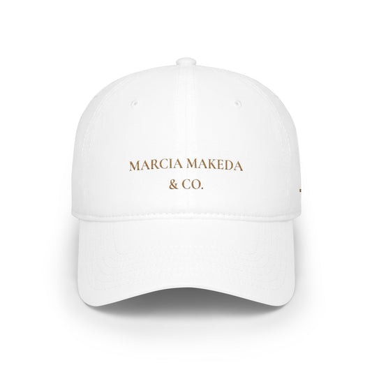 Minimalist White Low Profile Baseball Cap — "MARCIA MAKEDA & CO." Embroidered