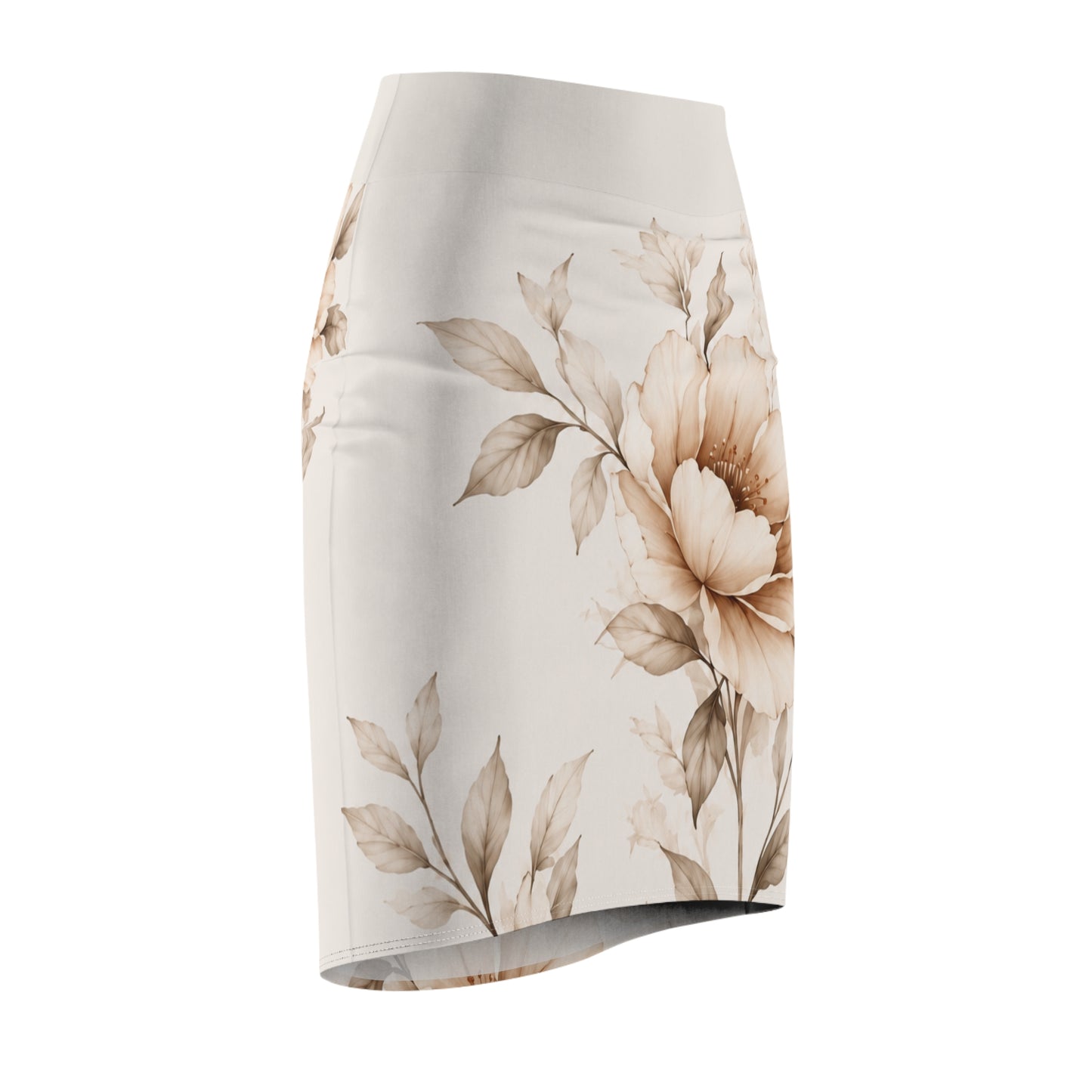 Floral Watercolor Pencil Skirt — Neutral Beige Blossom Print