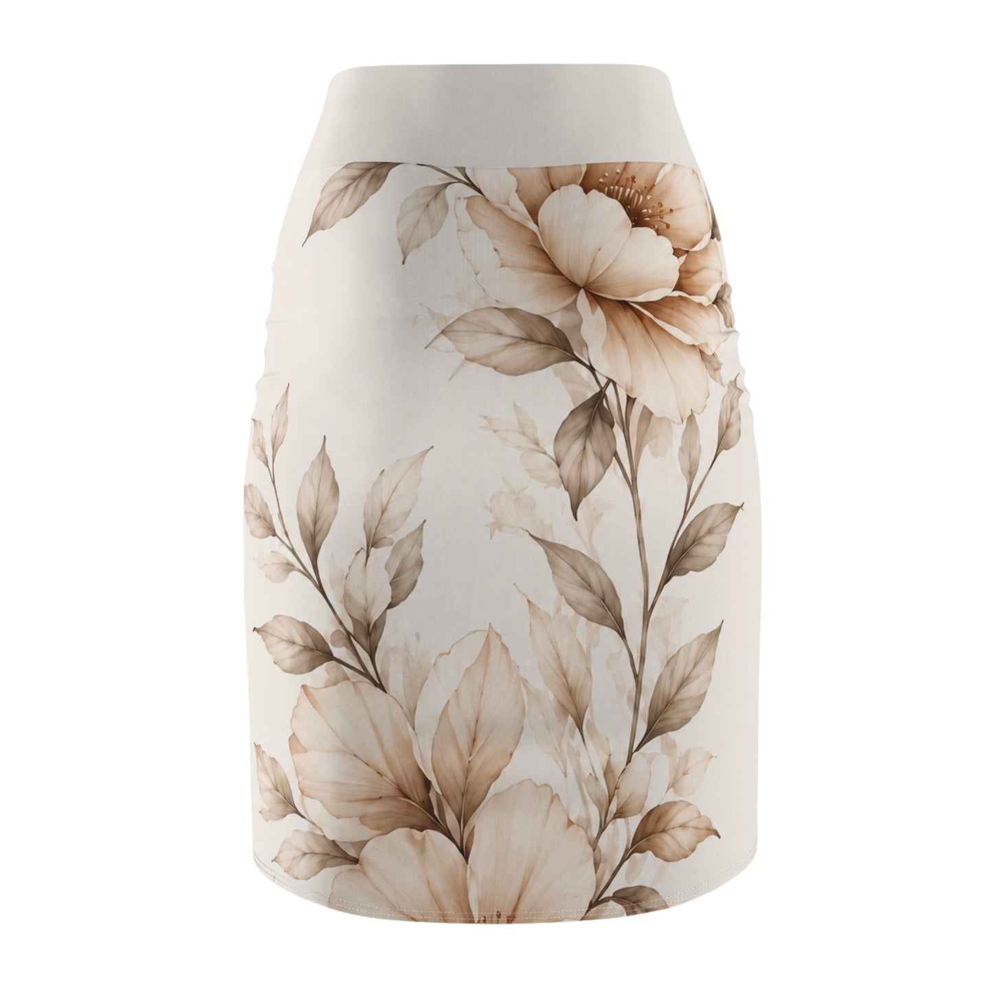 Floral Watercolor Pencil Skirt — Neutral Beige Blossom Print