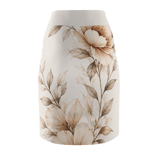 Floral Watercolor Pencil Skirt — Neutral Beige Blossom Print