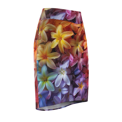Floral Burst Pencil Skirt — Rainbow Plumeria All-Over Print