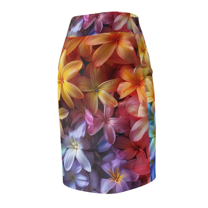 Floral Burst Pencil Skirt — Rainbow Plumeria All-Over Print