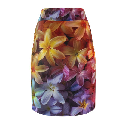Floral Burst Pencil Skirt — Rainbow Plumeria All-Over Print