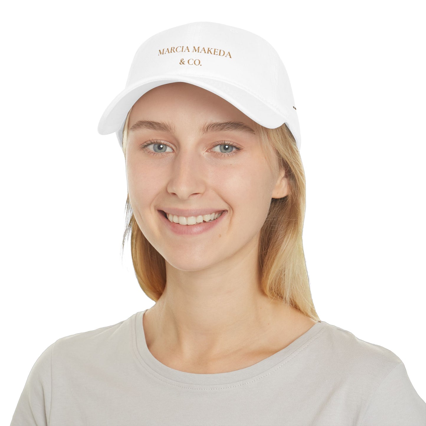 Minimalist White Low Profile Baseball Cap — "MARCIA MAKEDA & CO." Embroidered